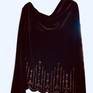 Xscape Dark Brown velvet top w gold beaded trim, featuring a beautiful design L